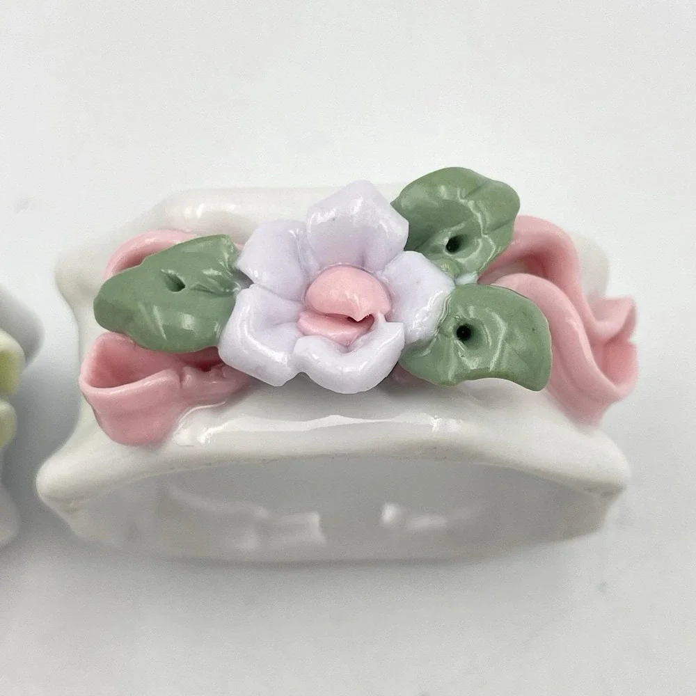 Vintage 1980s Porcelain Floral Napkin Rings Set of 6 Applied Flowers Pastel